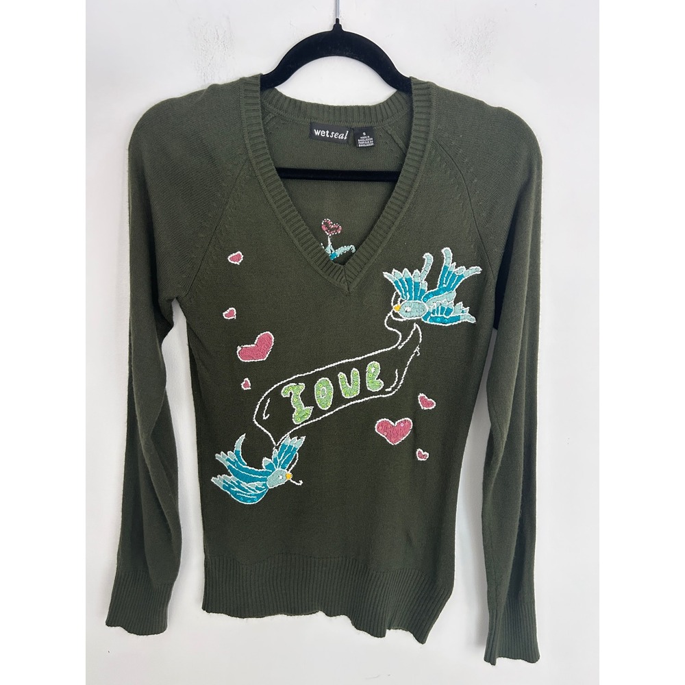 Wet Seal Y2K Olive Green Love Bird Embroidered V-Neck Sweater Women Small